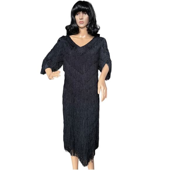 Vintage Nightworks 1920's Flapper Dress Gatsby Black with Fringe size medium - Picture 3 of 17
